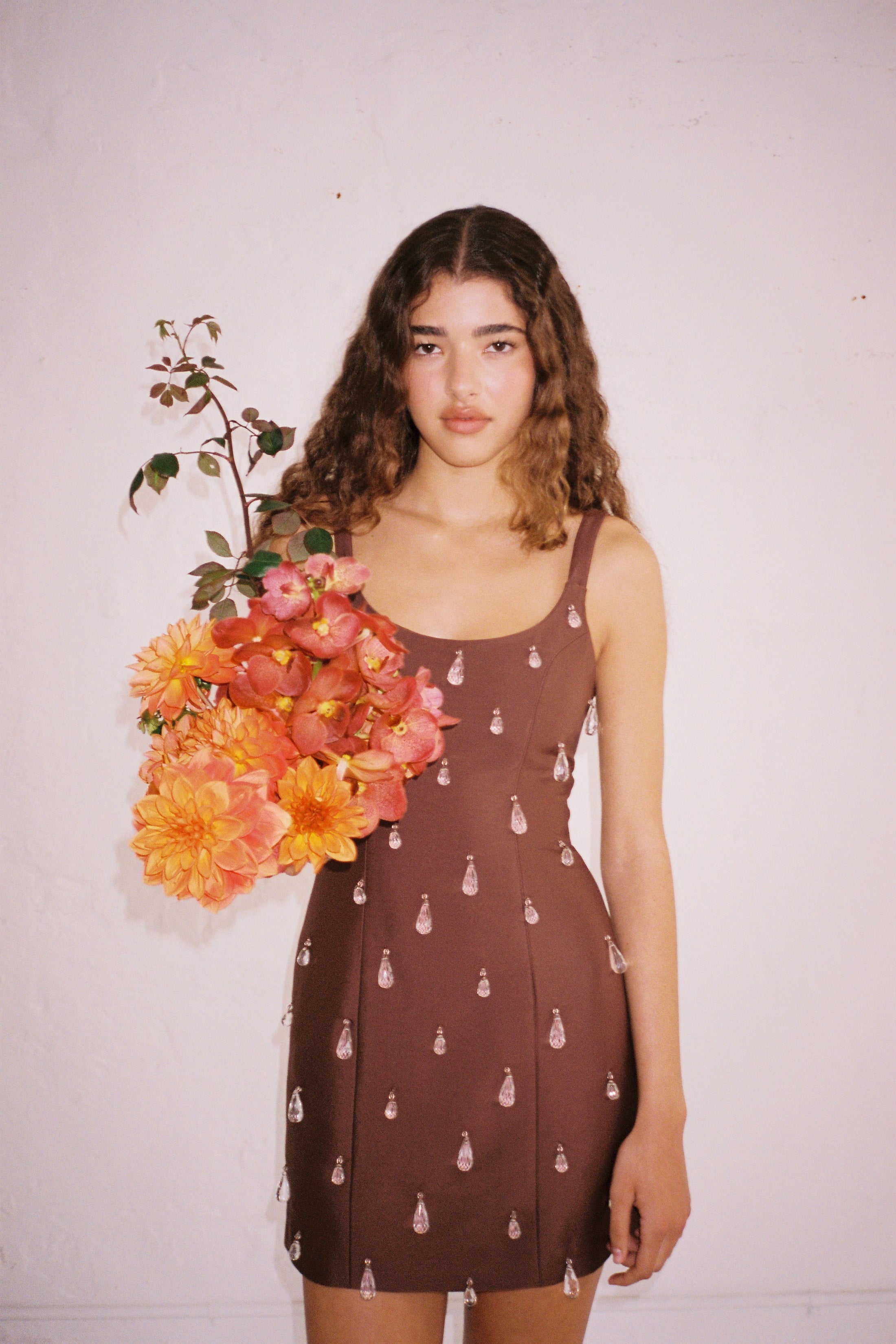 Luvia Beaded Mini Dress Chocolate Luvia Beaded Mini Dress Chocolate