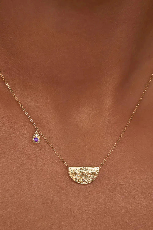 Gold Lotus Birthstone Necklace February Amethyst