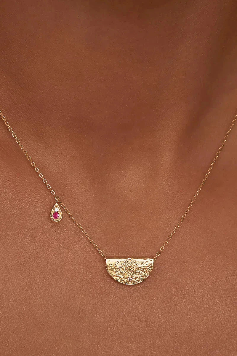 Gold Lotus Birthstone Necklace July Ruby