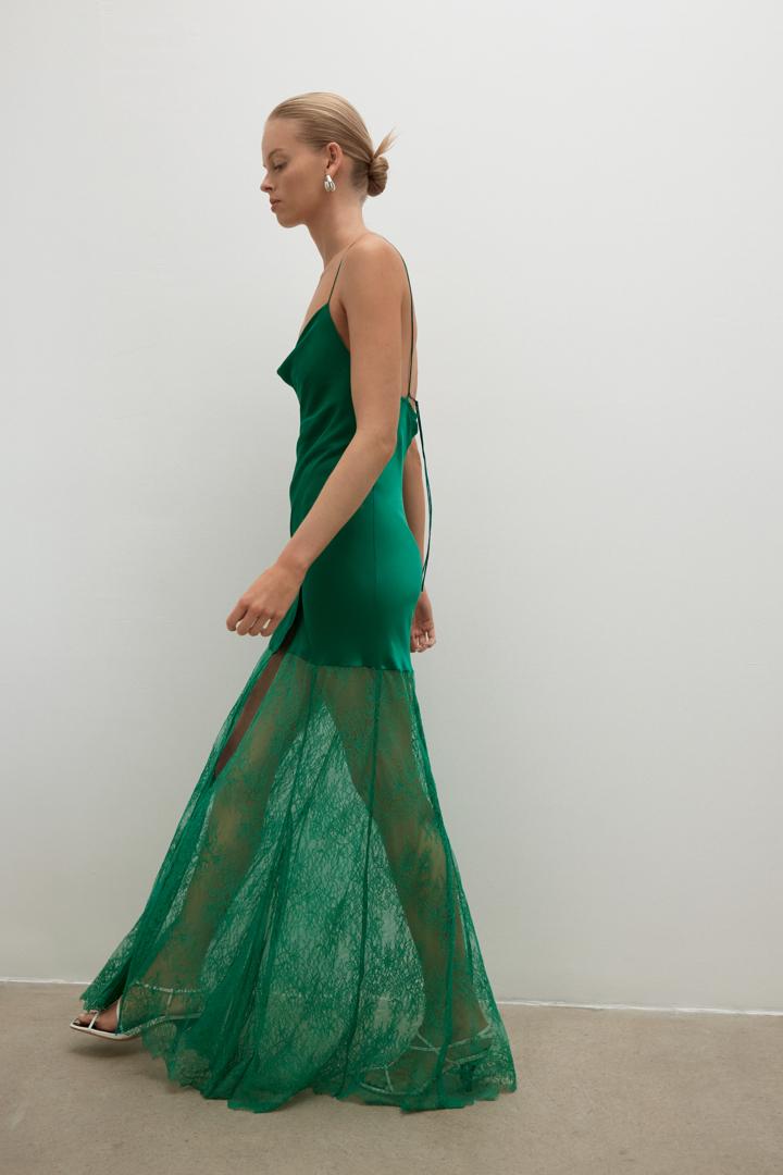 Elle Silk Lace Cowl Maxi Dress Emerald Green