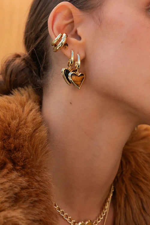 Whitney Heart Charm Earrings Tiger's Eye 18K Gold Plating