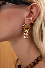 Bean Statement Chain Earrings Tiger's Eye 18K Gold Plating