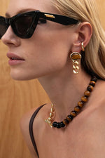 Bean Statement Chain Earrings Tiger's Eye 18K Gold Plating