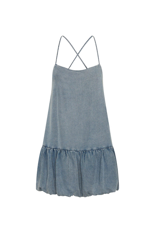 Tencel Bubble Hem Mini Slip Dress Washed Blue