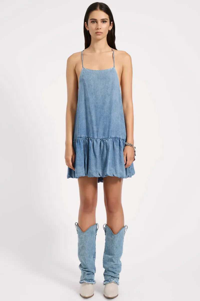 Tencel Bubble Hem Mini Slip Dress Washed Blue
