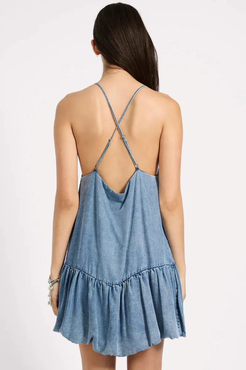 Tencel Bubble Hem Mini Slip Dress Washed Blue