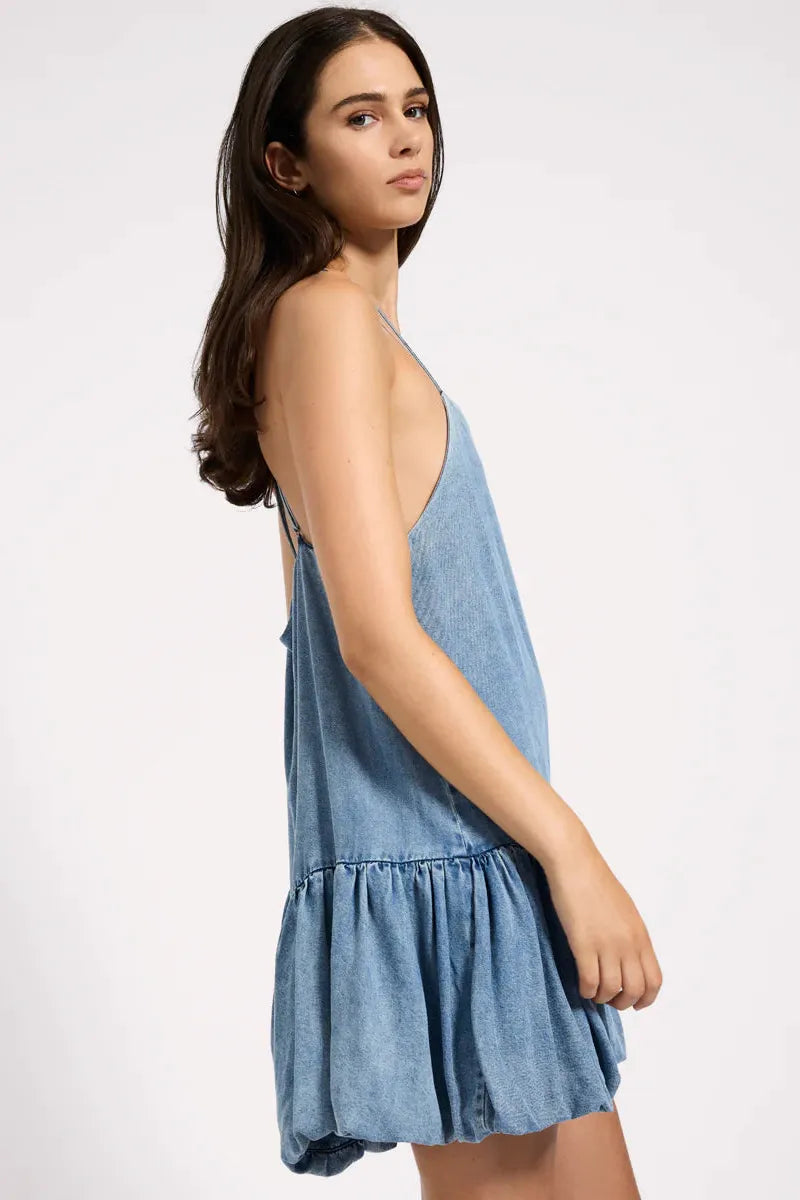 Tencel Bubble Hem Mini Slip Dress Washed Blue