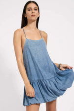 Tencel Bubble Hem Mini Slip Dress Washed Blue