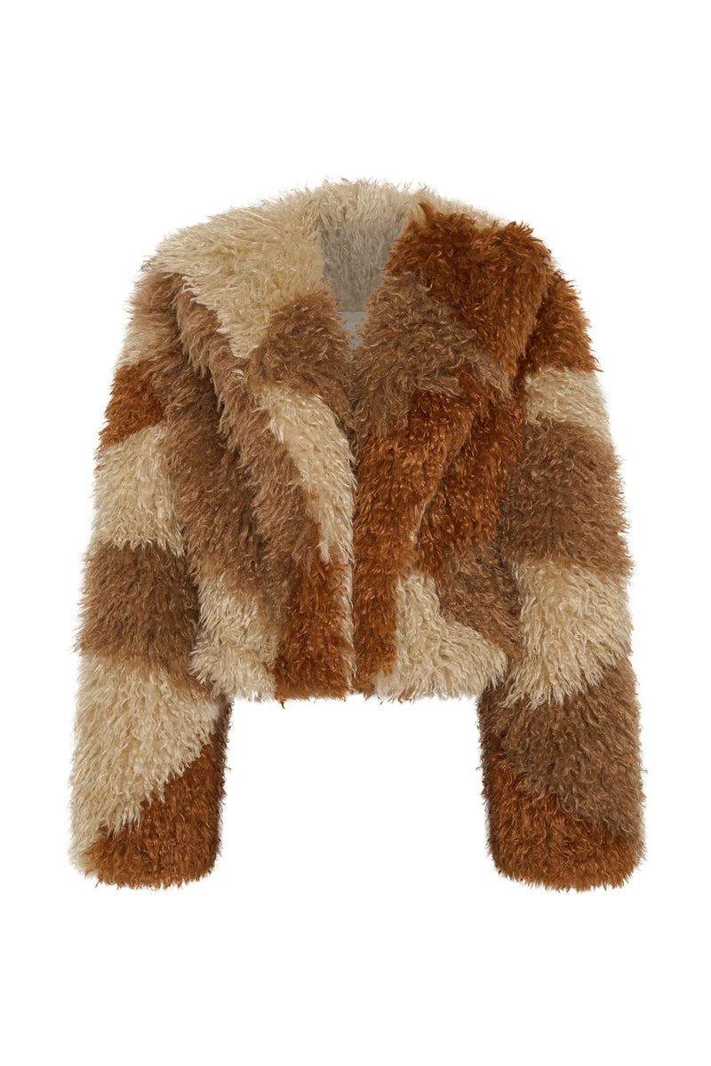 Mongolian Cropped Faux Fur Jacket Tan