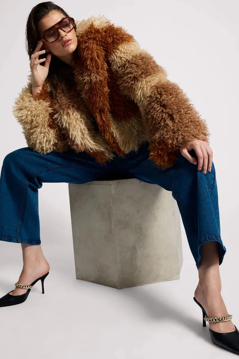 Mongolian Cropped Faux Fur Jacket Tan