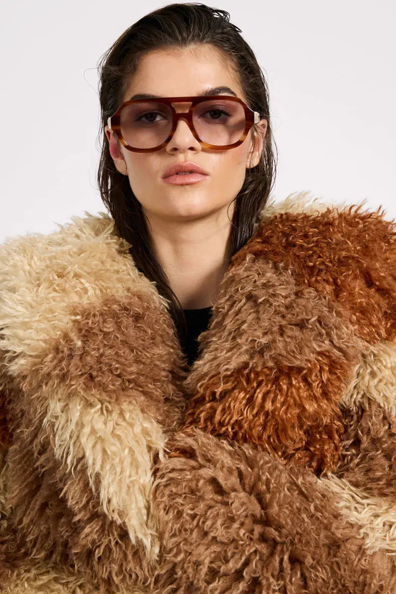 Mongolian Cropped Faux Fur Jacket Tan