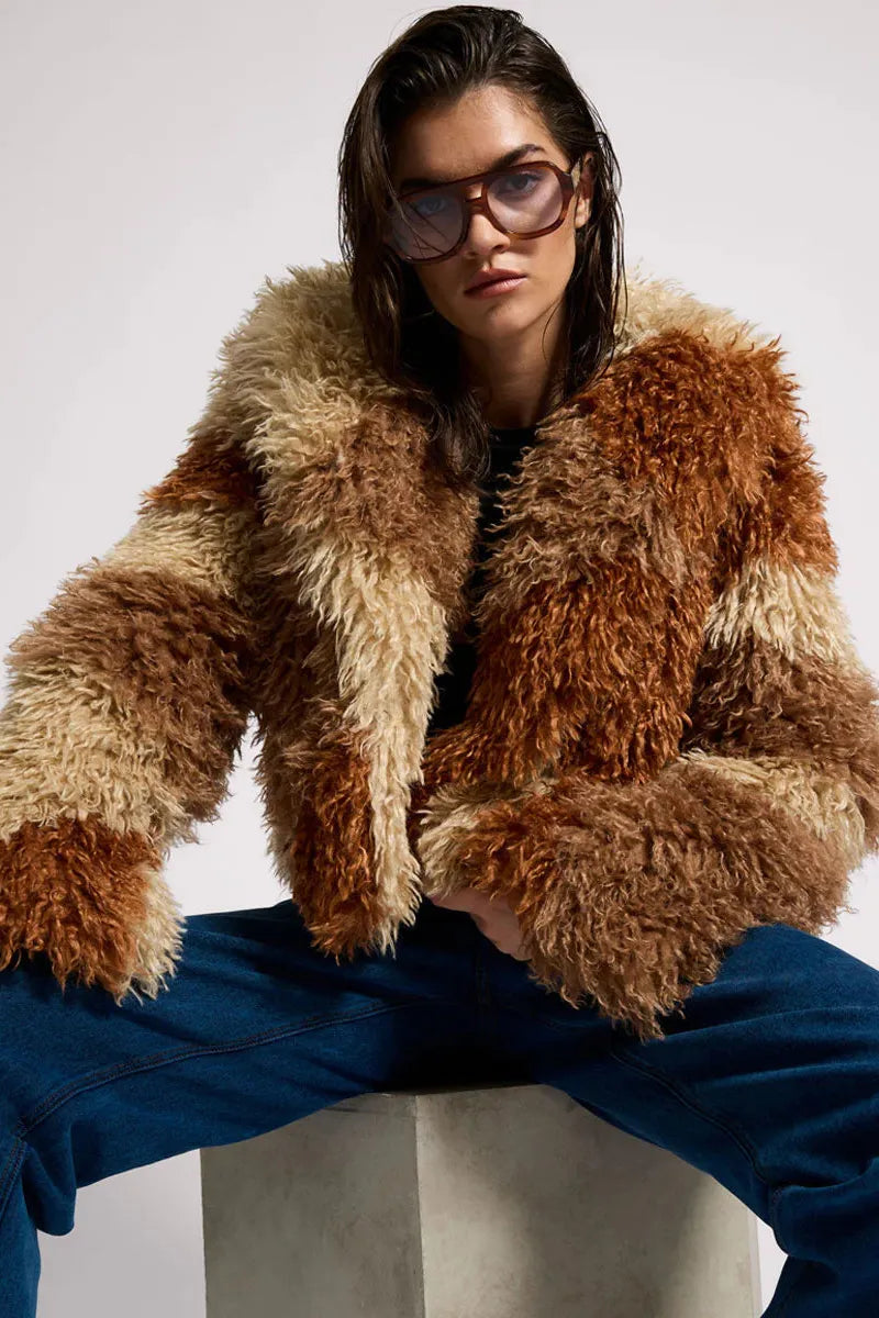 Mongolian Cropped Faux Fur Jacket Tan