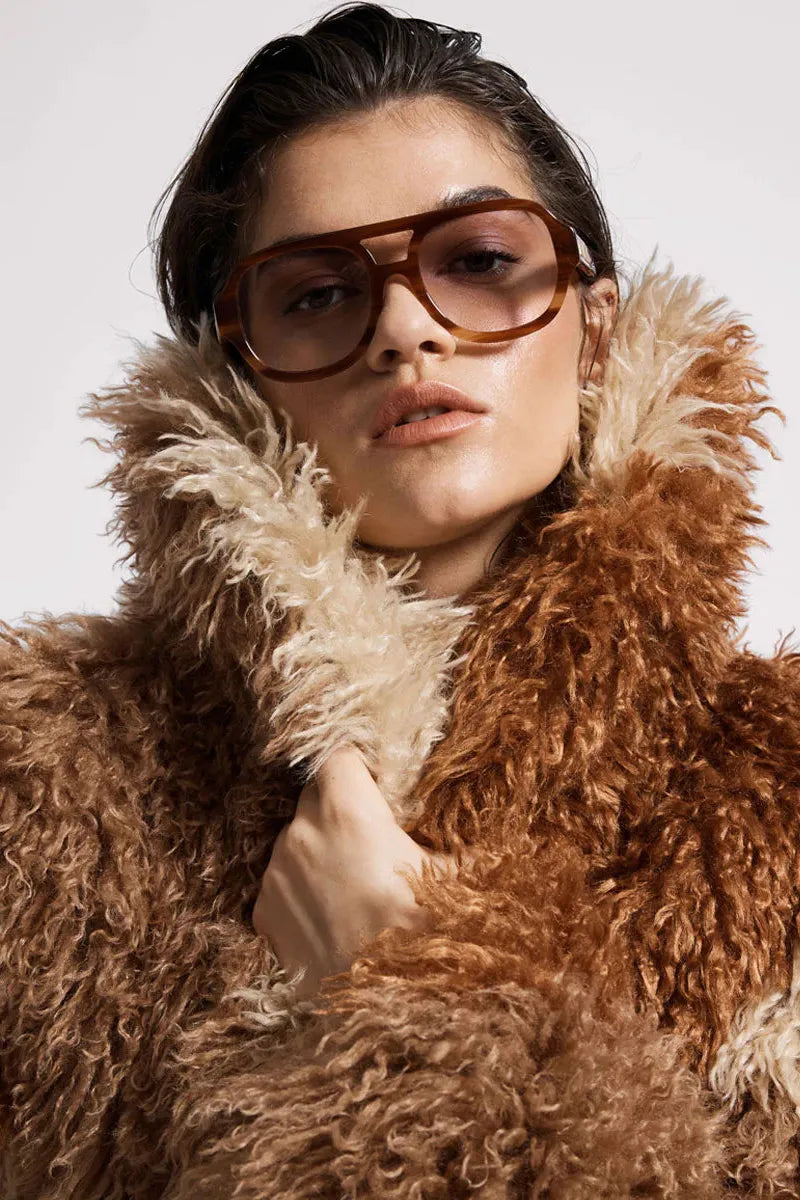 Mongolian Cropped Faux Fur Jacket Tan