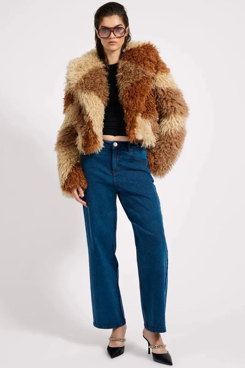 Mongolian Cropped Faux Fur Jacket Tan