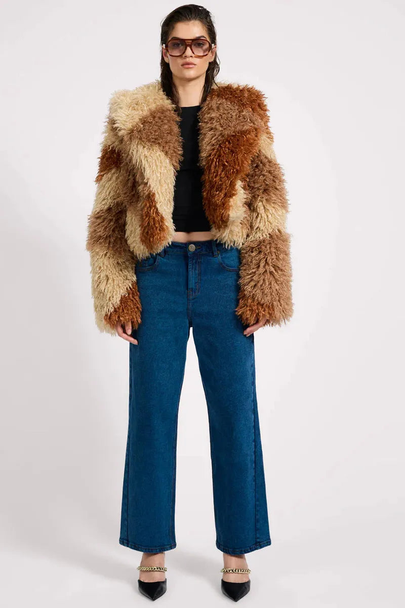 Mongolian Cropped Faux Fur Jacket Tan