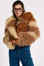 Mongolian Cropped Faux Fur Jacket Tan