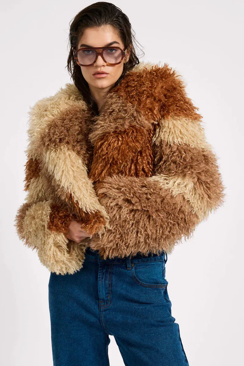 Mongolian Cropped Faux Fur Jacket Tan
