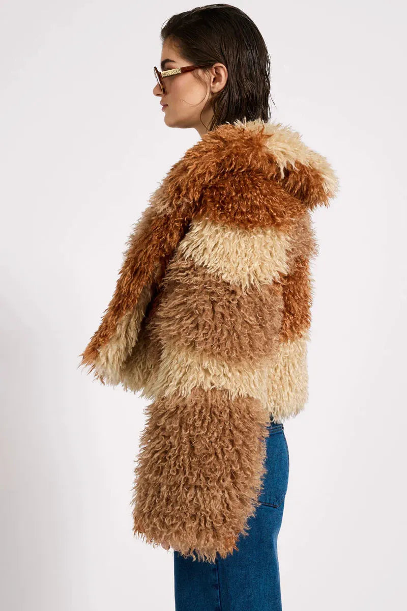 Mongolian Cropped Faux Fur Jacket Tan