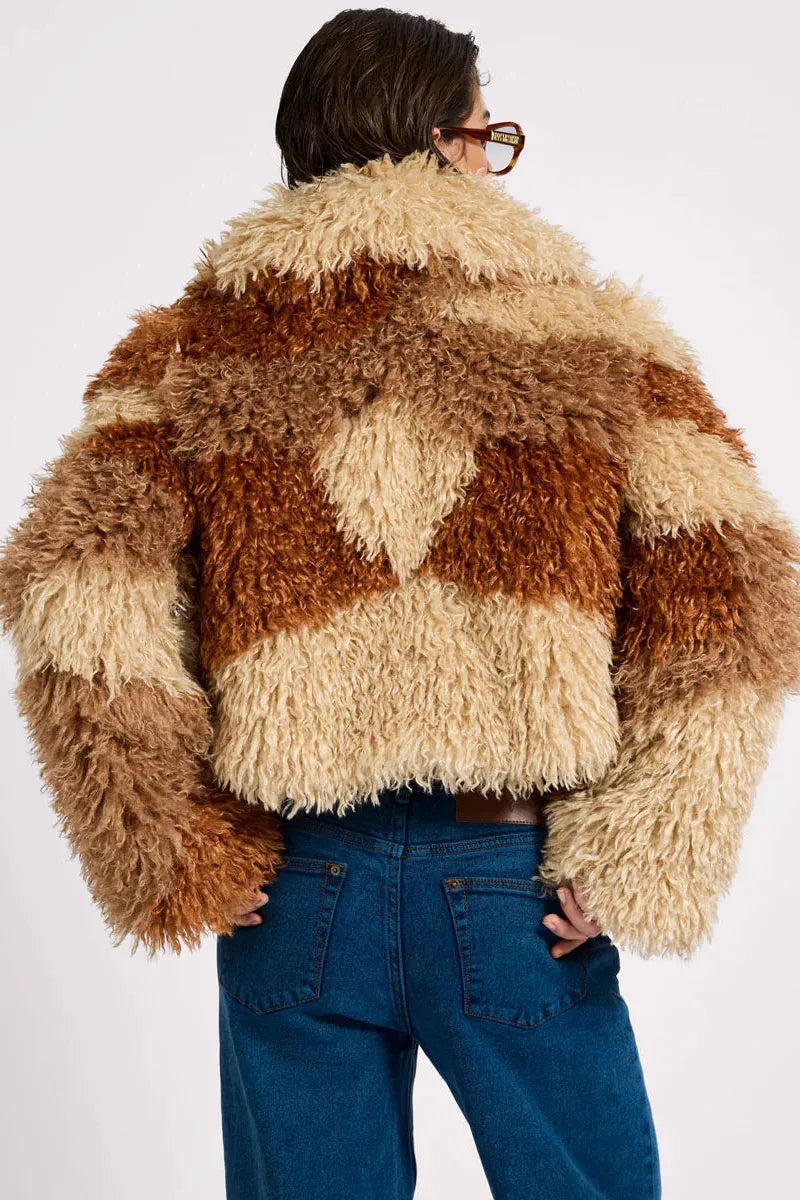 Mongolian Cropped Faux Fur Jacket Tan