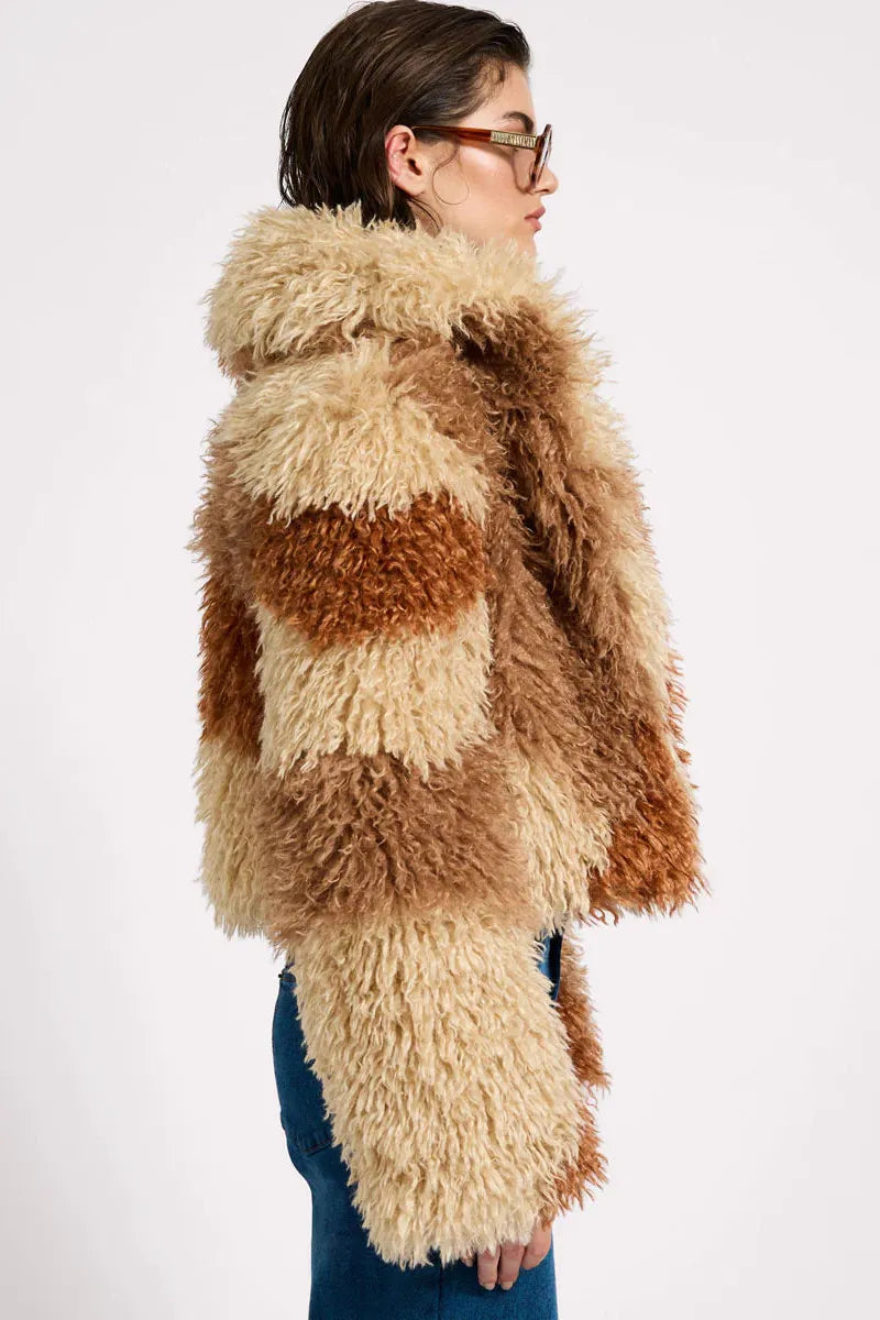 Mongolian Cropped Faux Fur Jacket Tan