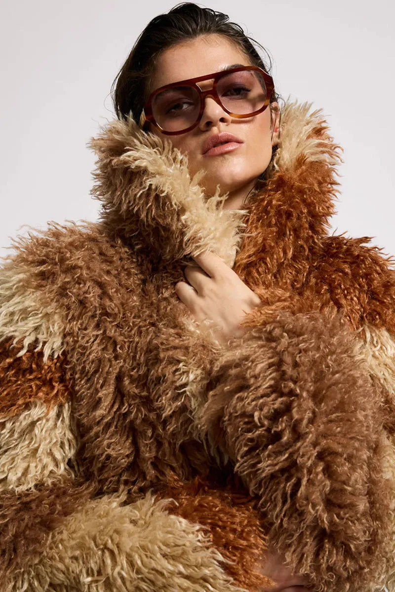 Mongolian Cropped Faux Fur Jacket Tan
