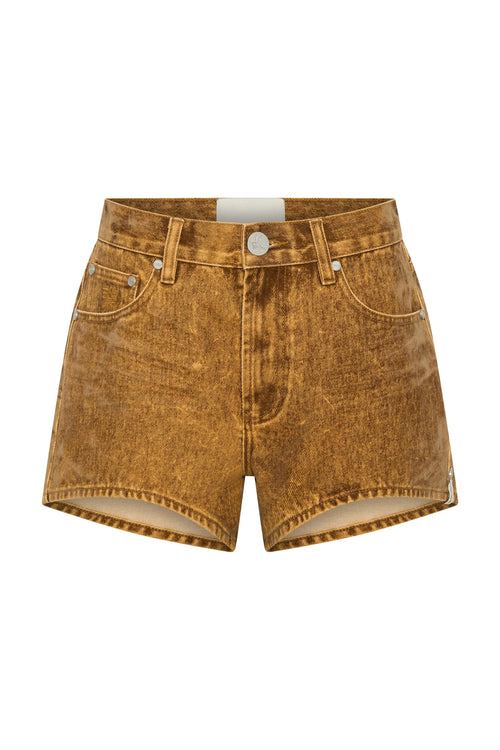 Truckers Mid Waist Relaxed Flocked Denim Shorts Burnt Tobacco