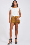Truckers Mid Waist Relaxed Flocked Denim Shorts Burnt Tobacco
