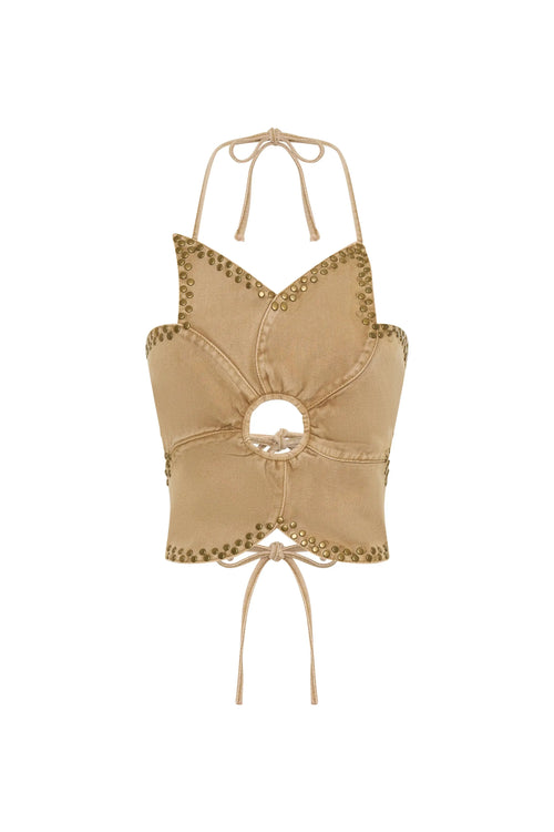 Denim Flower Studded Backless Crop Top Warm Tan