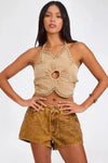 Denim Flower Studded Backless Crop Top Warm Tan