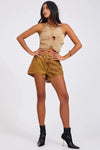 Denim Flower Studded Backless Crop Top Warm Tan