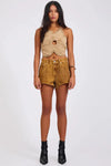 Denim Flower Studded Backless Crop Top Warm Tan