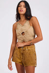 Denim Flower Studded Backless Crop Top Warm Tan