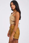 Denim Flower Studded Backless Crop Top Warm Tan