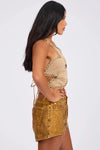 Denim Flower Studded Backless Crop Top Warm Tan