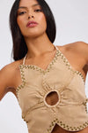 Denim Flower Studded Backless Crop Top Warm Tan