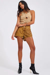 Denim Flower Studded Backless Crop Top Warm Tan