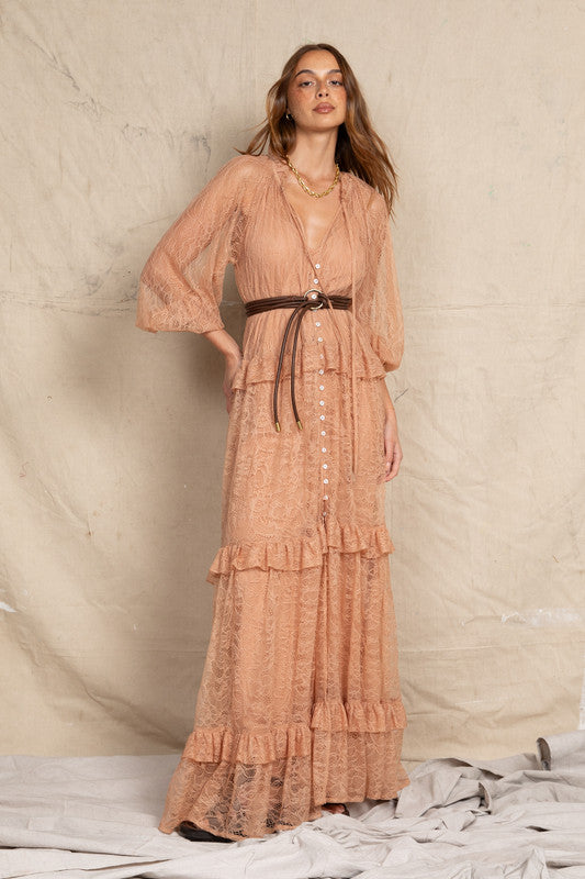 Lace Ruffle Maxi in Nude