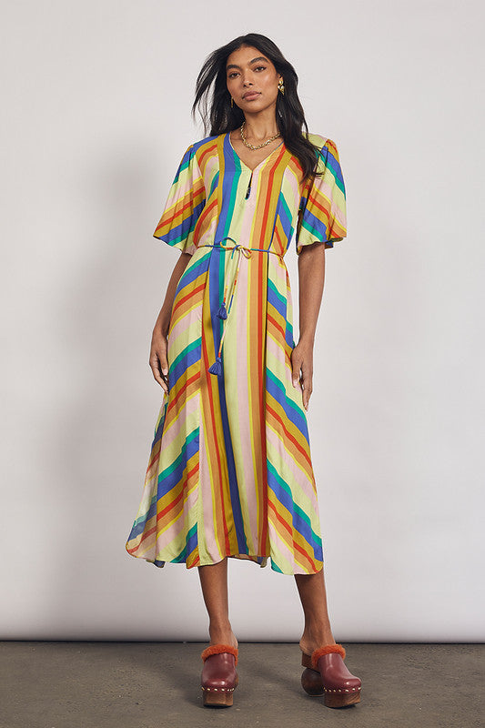 Sunrise Puff Sleeve Midi Dress Rainbow Stripe