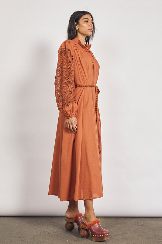 Crochet Detail Midi Dress in Rust