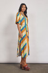 Sunrise Puff Sleeve Midi Dress Rainbow Stripe