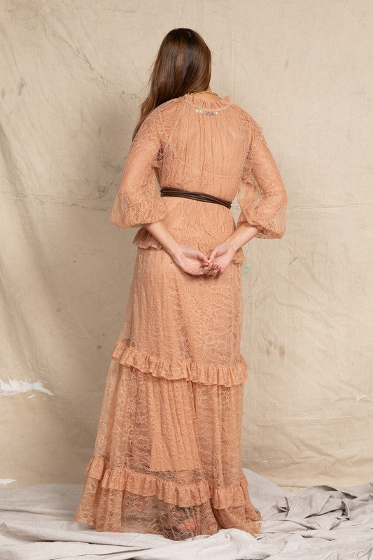 Lace Ruffle Maxi in Nude