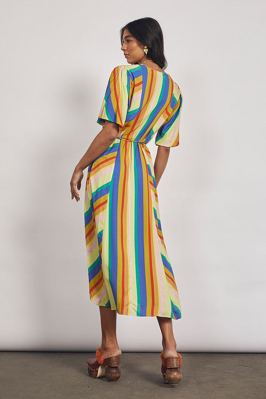 Sunrise Puff Sleeve Midi Dress Rainbow Stripe