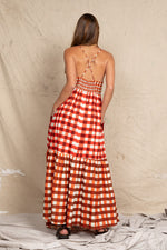 Gingham Embroidery Dress in Ruby Cream