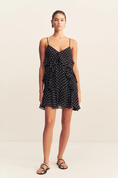 Houston Ruffle Mini Dress Noir Polka