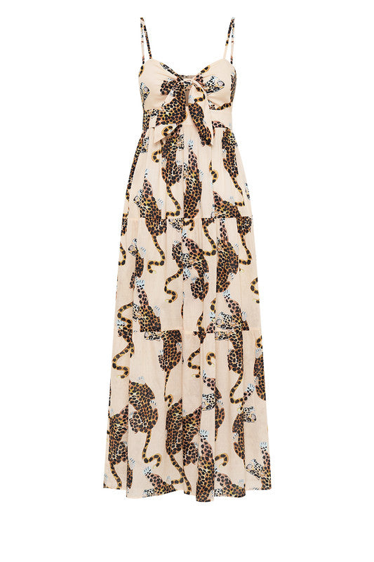 Lottie Leopard Tie Front Midi Dress Ecru