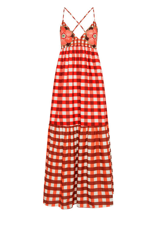 Gingham Embroidery Dress in Ruby Cream