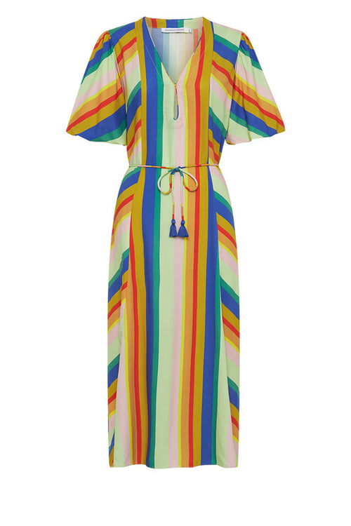 Sunrise Puff Sleeve Midi Dress Rainbow Stripe