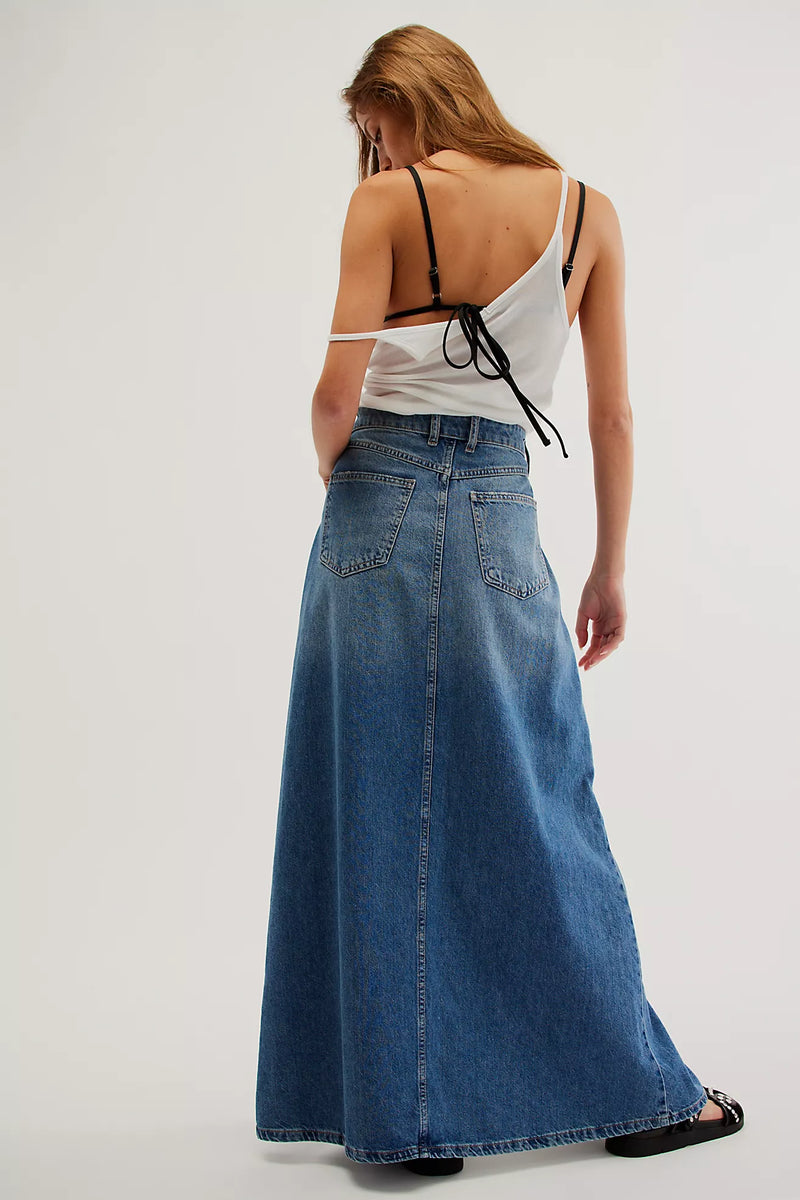 Come As You Are Denim Maxi Skirt Sapphire Blue with Slit