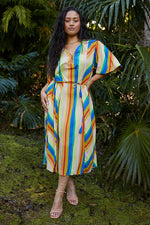 Sunrise Puff Sleeve Midi Dress Rainbow Stripe