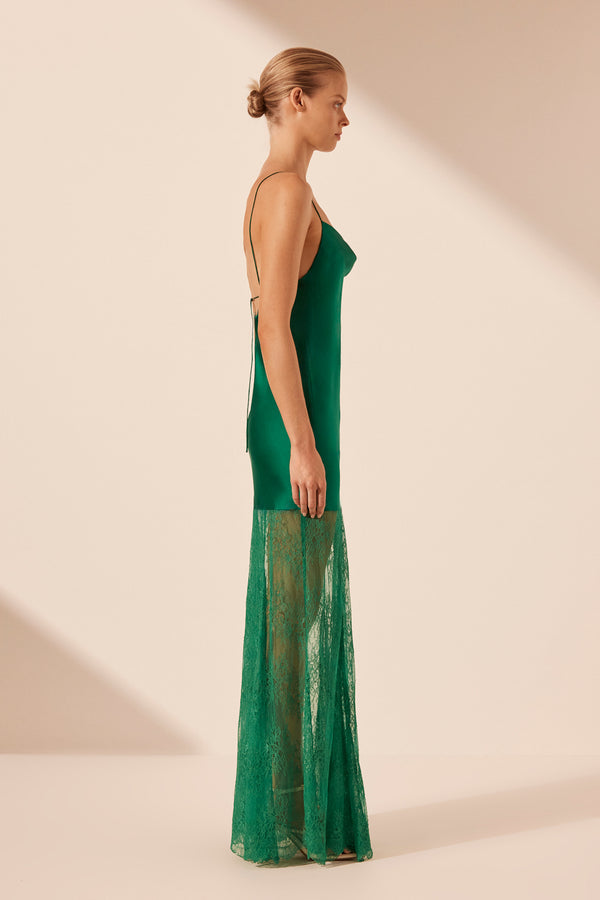 Elle Silk Lace Cowl Maxi Dress Emerald Green